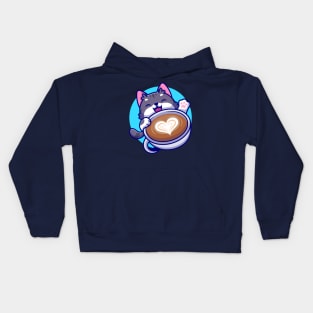 Cute Cat With Coffee Cup Cartoon Kids Hoodie